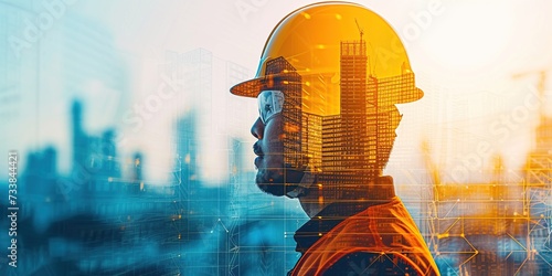 an engineer wearing a helmet and building in the background, with double exposure graphic design