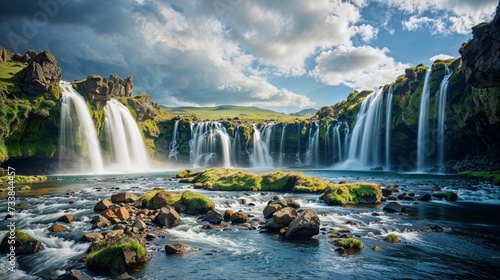 AI generated illustration of the stunning waterfalls of Iceland in summer