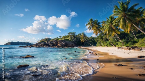 AI generated illustration of a secluded beach, soft white sand, turquoise blue waters and palm trees