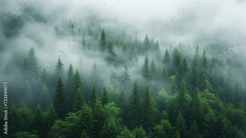 a view from the top of a pine forest shrouded in mist in the morning © MINHO