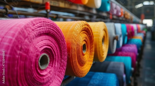 Industrial rolls of the active cotton fabric employed by machine-made clothes and space, Generative AI.
