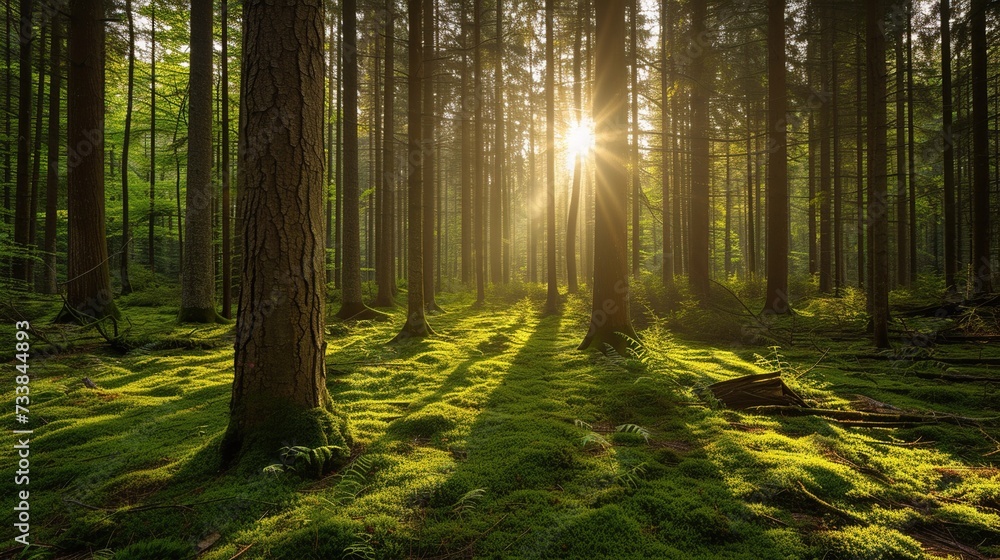 Landscape green mossy forest with beautiful light from the sun shining between the trees
