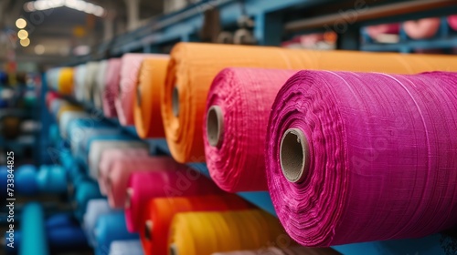 Industrial rolls of the active cotton fabric employed by machine-made clothes and space, Generative AI.