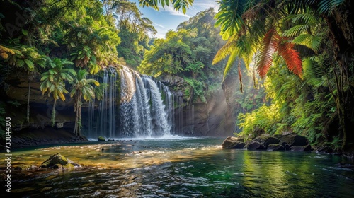 AI generated illustration of a jungle waterfall cascades