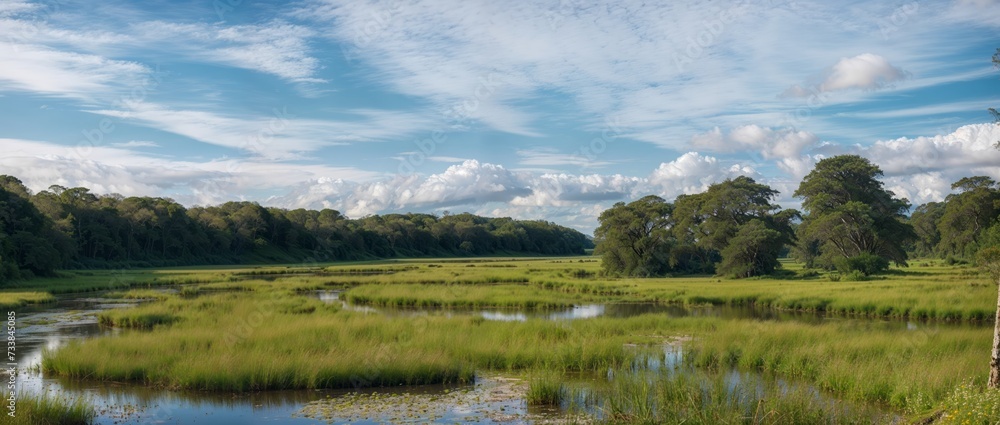 Fototapeta premium AI generated illustration of a valley of green meadows under a cloudy blue sky