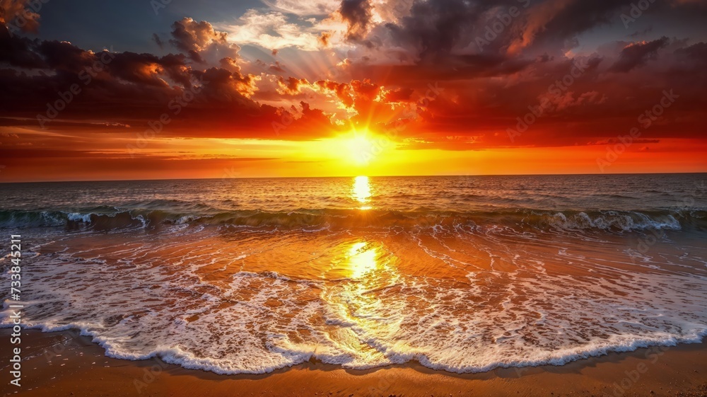 Fototapeta premium AI generated illustration of a Vibrant sunset casting its warm hues over the tranquil ocean