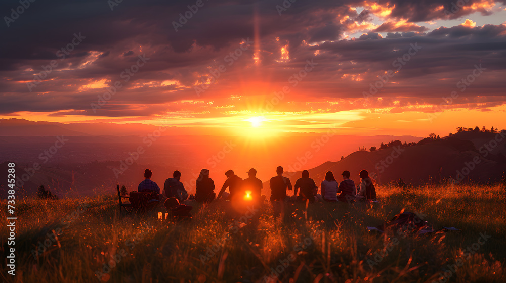 A breathtaking scene of people gathered under a radiant, golden sunset, expressing the shared joy and awe inspired by nature's beauty.