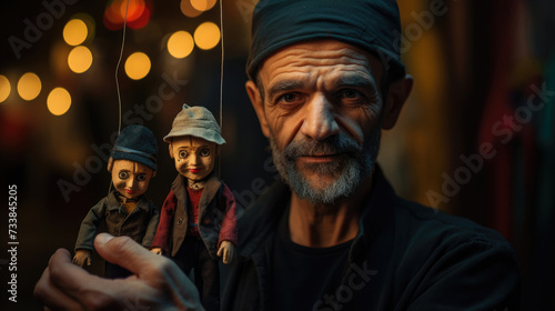 Portrait theater actor with Puppet on a blurred background