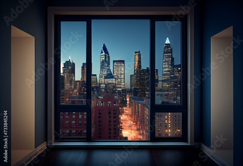 Downtown Philadelphia City Skyline Buildings from High Rise Window. Beautiful Expensive Real Estate overlooking. Empty room Interior. Mockup wall. Skyscrapers Cityscape. Night. Penn.. Generative AI