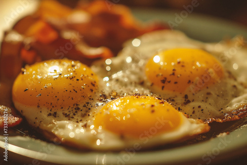 Fried eggs with bacon on a plate. Selective focus.