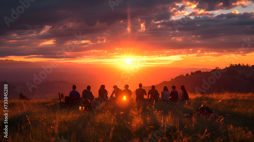 A breathtaking scene of people gathered under a radiant  golden sunset  expressing the shared joy and awe inspired by nature s beauty.