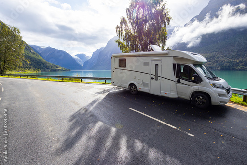 Motorhome camper in Lovatnet lake valley in south Norway, Europe photo