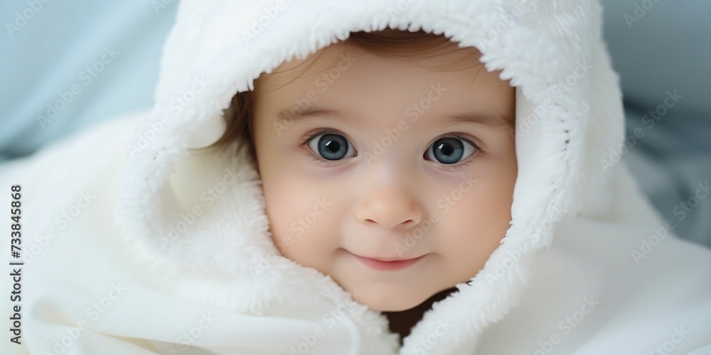 AI generated illustration of an adorable baby wrapped in a white, soft blanket AI generated illustration of an adorable baby wrapped in a white, soft blanket