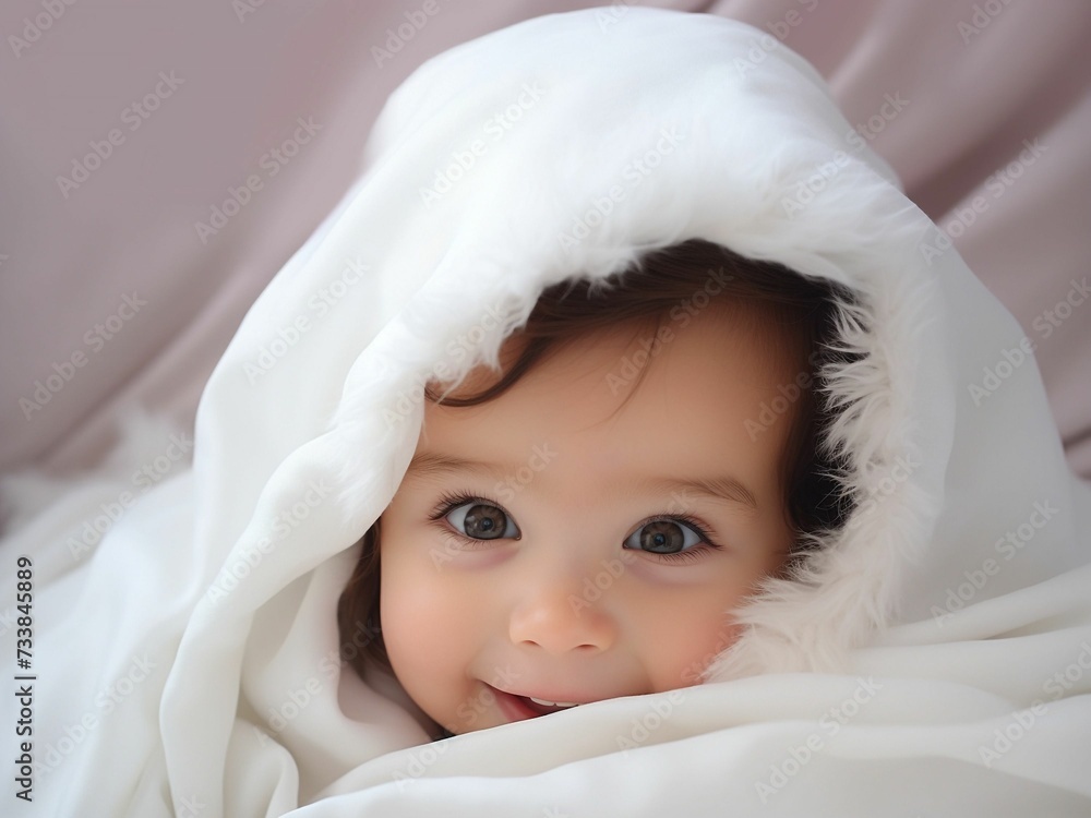 AI generated illustration of an adorable baby wrapped in a white, soft blanket AI generated illustration of an adorable baby wrapped in a white, soft blanket
