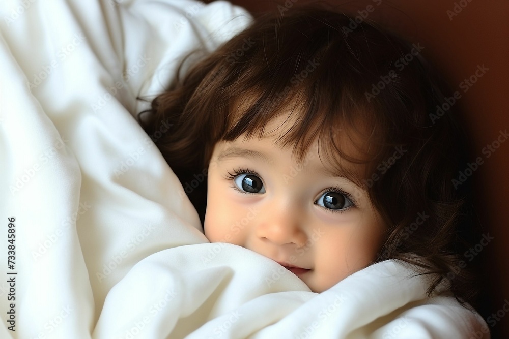 AI generated illustration of an adorable baby wrapped in a white, soft blanket AI generated illustration of an adorable baby wrapped in a white, soft blanket