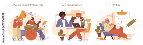 Retirees' Activities set. Illustration of seniors indulging in music, embracing online learning, and enjoying the art of writing. A celebration of creative and intellectual pursuits.