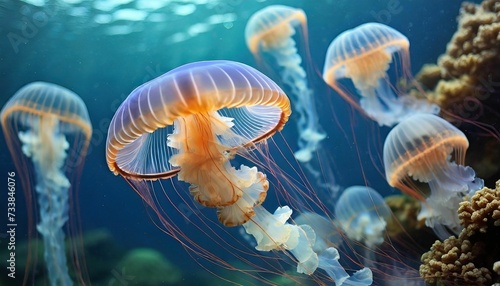 Underwater scene featuring a school of beautiful jellyfish swimming, AI-generated. © Wirestock