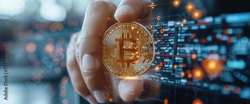 businessman's hand showing cryptocurrency on digital chart.