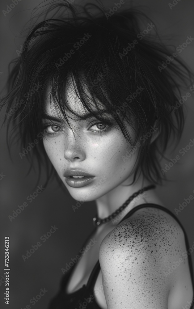 Black and white portrait of a young Caucasian female, AI-generated. Black and white portrait of a young Caucasian female, AI-generated.