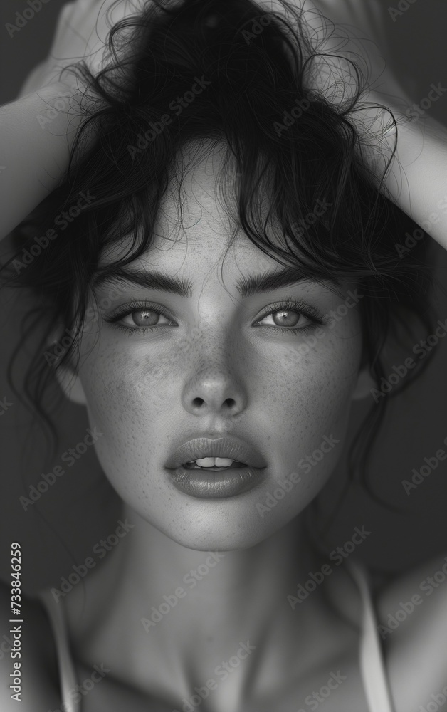 Black and white portrait of a young Caucasian female, AI-generated.