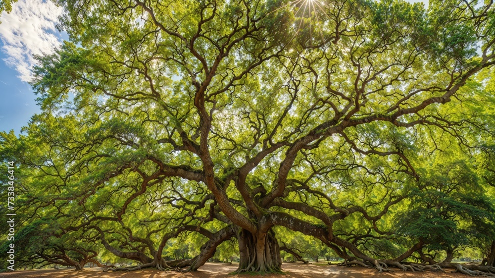 AI generated illustration of an ancient oak tree with a sprawling network of branches and leaves