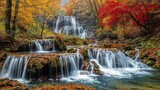 AI generated illustration of autumnal forest waterfall inviting reflection of nature's tranquility