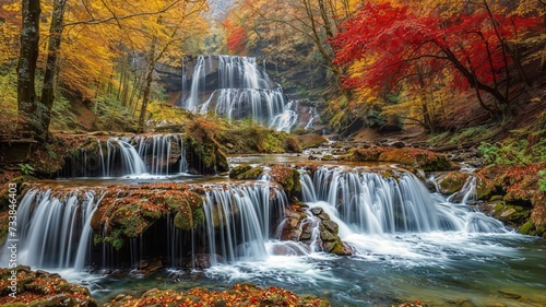 AI generated illustration of autumnal forest waterfall inviting reflection of nature's tranquility