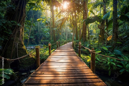 AI generated illustration of a wooden pathway leading into the tropical jungle boardwalk