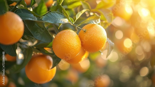 Bunch of fresh ripe oranges on a tree in orangeyard