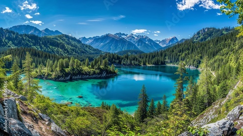 AI generated illustration of an evergreen Alpine lake cradled by a dense evergreen forest © Wirestock