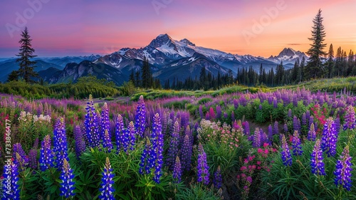 AI generated illustration of purple mountain meadows
