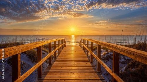 AI generated illustration of a wooden bridge boardwalk with the sun casting a brilliant glow