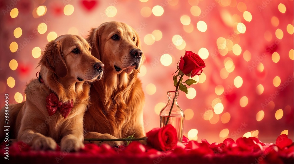 AI generated illustration of two labradors sitting with a red rose on Valentine's day
