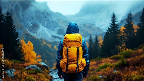 man hiking in the mountains in the rain with backpacks photo