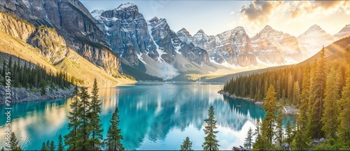 AI-generated illustration of a scenic mountain range mirrored in the serene waters of Moraine Lake