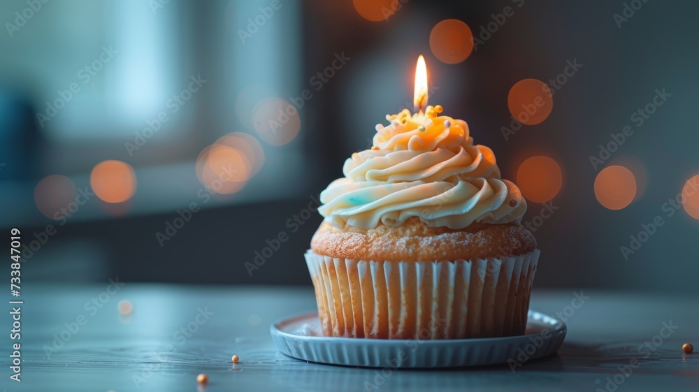 AI generated illustration of a cupcake adorned with creamy white frosting and a glowing candle - obrazy, fototapety, plakaty 