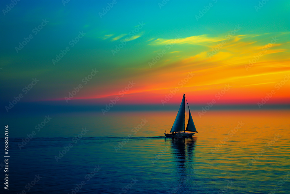 Sailboat gracefully gliding across the city bay as the sun sets, AI-generated.