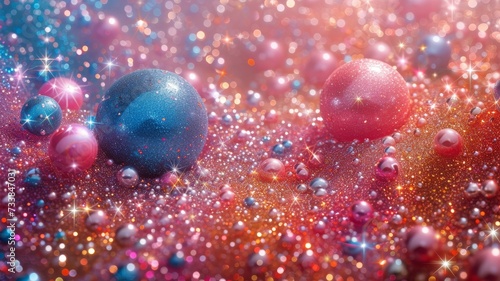 AI generated illustration of a vibrant backdrop with colorful balls and sparkling glitters