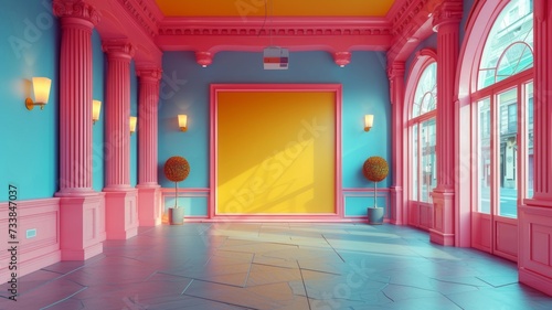 AI generated illustration of a vibrant corridor adorned with pillars and pink windows