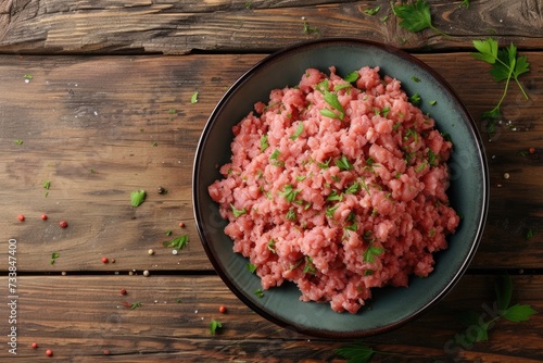 Fresh minced pork for cooking delicious food on a wooden background, top view