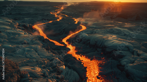 Twilight over Volcanic Terrain - Aerial View of a Fiery Magma River Cutting Through Hardened Lava Fields, the Beauty of Natural Destruction, Ideal for High-Resolution Stock Photography photo