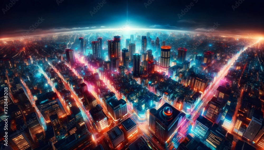 Background with a large number of light spots against a city backdrop