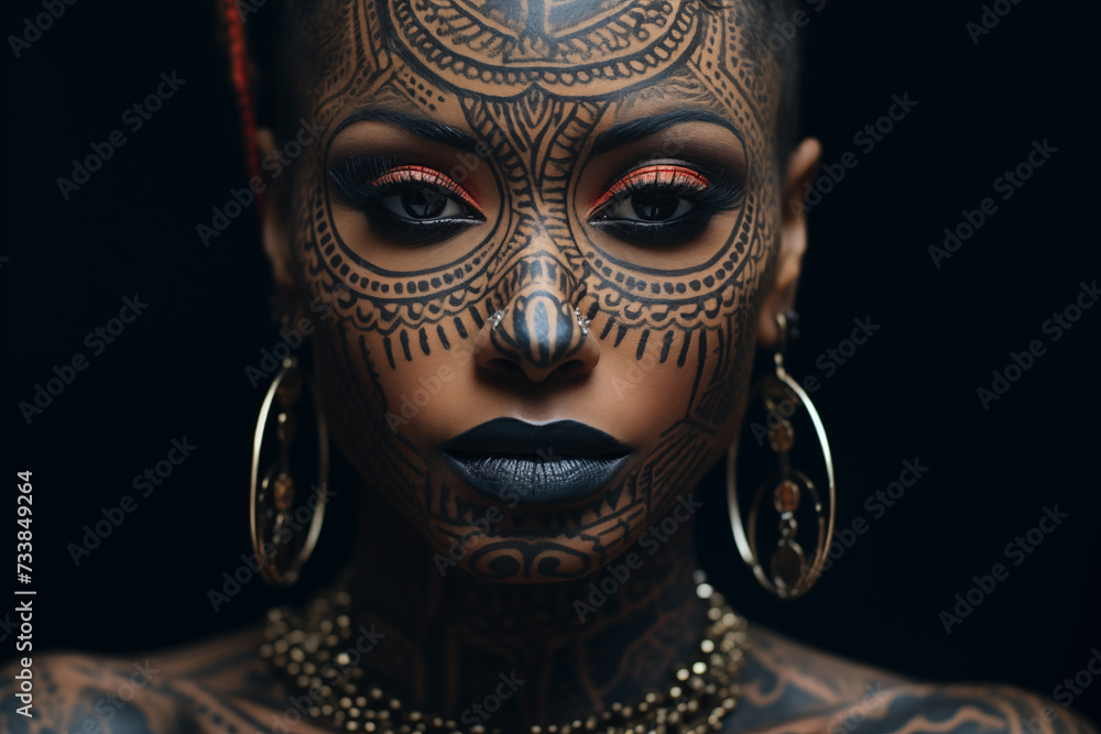 Tribal tattoo. An intense close-up of a young woman adorned with detailed tribal tattoo patterns and traditional jewelry, exuding a strong cultural presence.