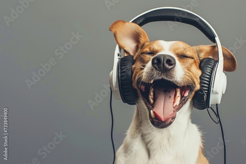 Cute dog listening to music with headphones on, enjoying it very much. photo