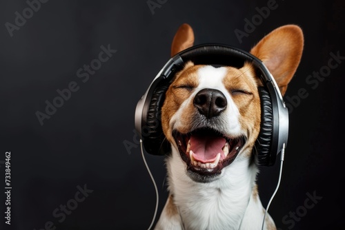 Cute dog listening to music with headphones on, enjoying it very much. © AIExplosion
