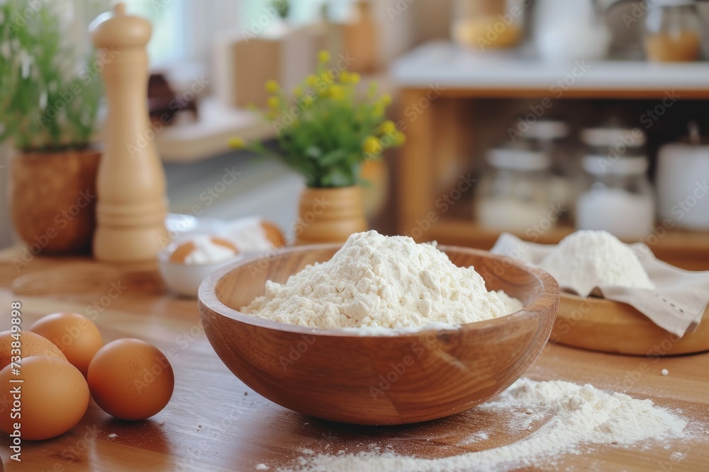 Flour in wooden bowl ingredients for baking Flour in wooden bowl ingredients for baking