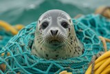 Baby seal entangled in a fishing net. Ocean pollution, environmental problems.	
