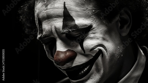 Portrait of a crazy clown with a scary face, showing the sadness behind the happy face. 