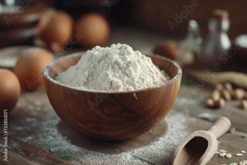 Flour in wooden bowl ingredients for baking
