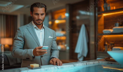 A young business man brushing his teeth in the bathroom is doing business in the bathroom while looking at data on his mobile phone, a young businessman. Image generated by AI
